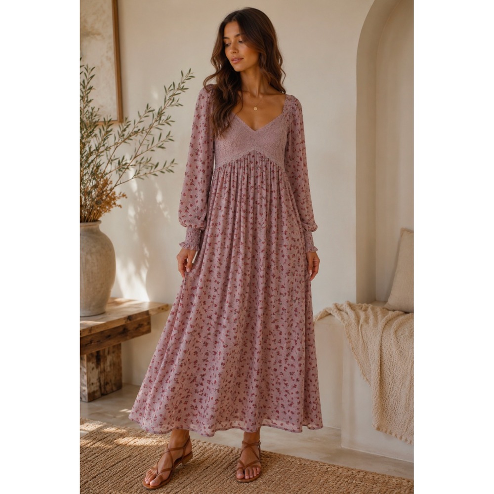 In Loom Mauve Floral Lace Bodice Long Sleeve Maxi Dress Large NWT Cottagecore
